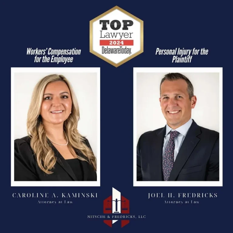 Professional portraits of attorneys Caroline A. Kaminski and Joel H. Fredricks with Top Lawyer 2024 Delaware Today award.