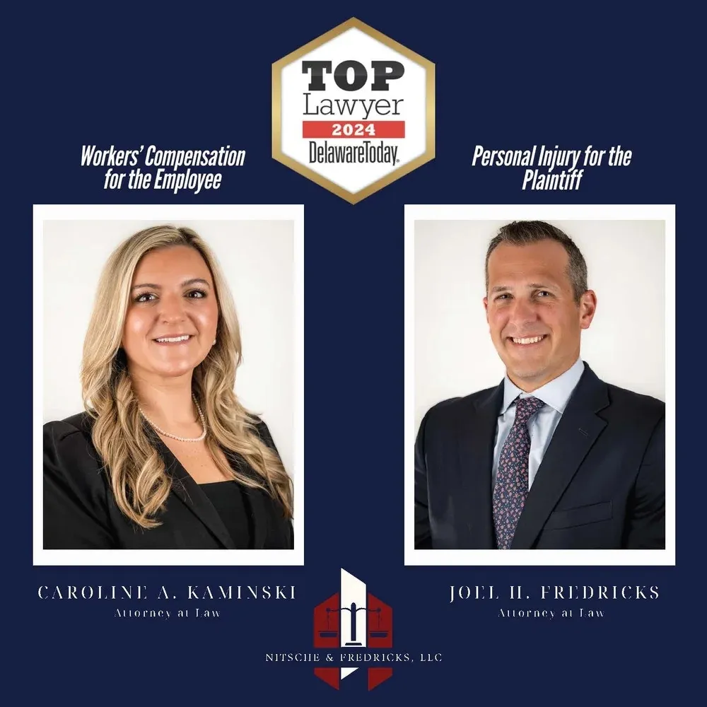 Professional portraits of attorneys Caroline A. Kaminski and Joel H. Fredricks with Top Lawyer 2024 Delaware Today award.
