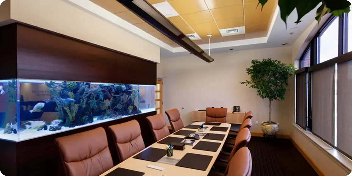 Modern conference room with brown leather chairs, large aquarium, and window blinds.