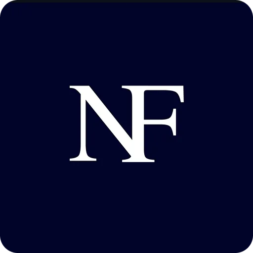 White serif letters "NF" centered on a dark blue square background.