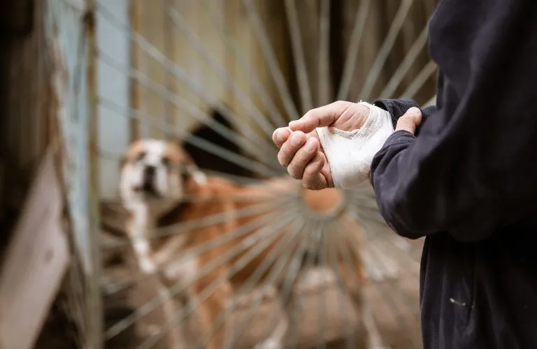 Person with bandaged hand in dark clothing stands near metal gate with blurred dog behind.