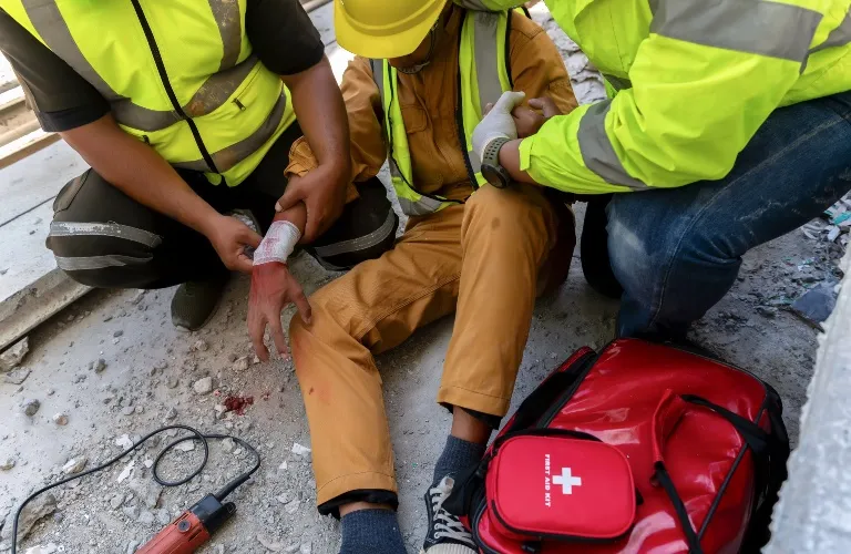 Two construction workers assisting an injured colleague with a bandaged wrist at a construction site.