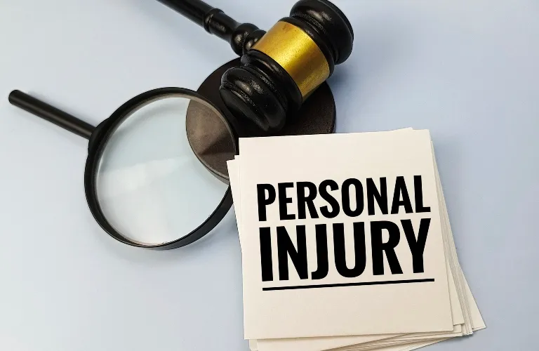 Magnifying glass and judge's gavel beside cards with bold "PERSONAL INJURY" text.