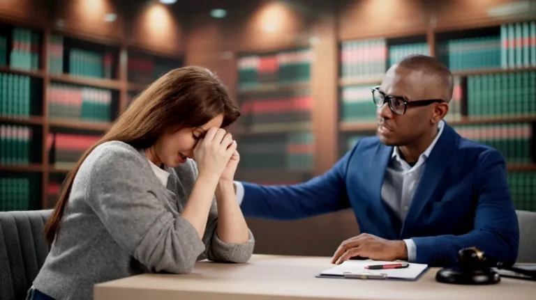 A distressed woman and a man in a blue suit offering support in a law office.