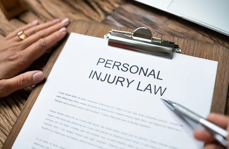 Clipboard with a document titled "Personal Injury Law" on a wooden desk with a pen and hand.