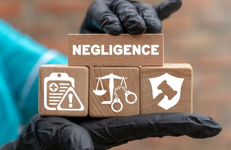 Close-up of gloved hands holding wooden blocks with legal icons and the word "NEGLIGENCE" in white text.