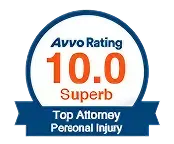 Logo displaying "Avvo Rating 10.0 Superb" with "Top Attorney Personal Injury" text on a blue ribbon.