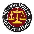 Logo featuring a gold balance scale on a red circular background with "Million Dollar Advocates Forum" text in white on a black outer ring.