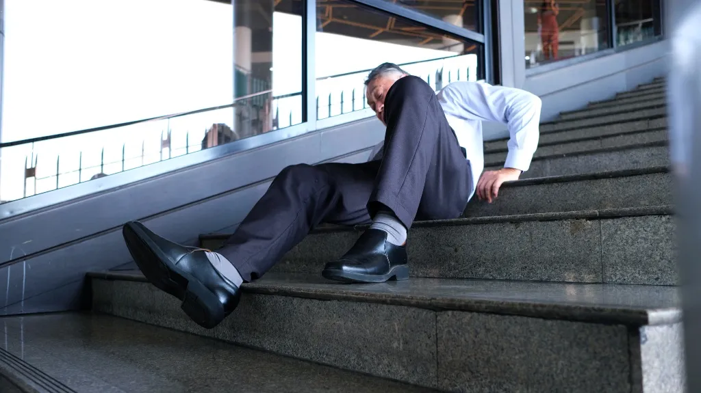 Middle-aged man in formal attire sitting on stone stairs, appearing to have fallen.