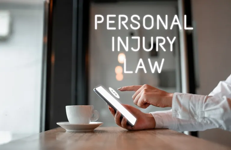 Person in white shirt using smartphone at wooden table with coffee cup, text "Personal Injury Law" visible.